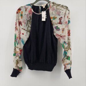 Anthropologie black blouse with sheer sleeves in a butterfly dragonfly print